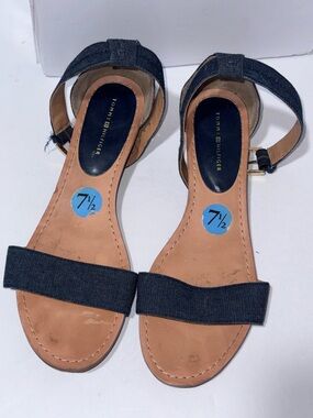 Tommy Hilfiger Size 7 1/2 Dark Blue Denim Ankle Strap Mini Wedge Sandals